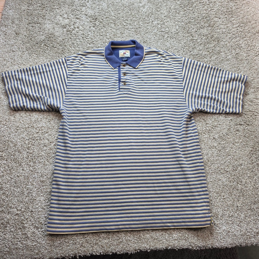 VINTAGE Cutter & Buck Striped Polo Shirt Mens Large Blue Tan Outdoor Casual L/G